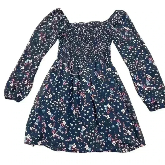 ROW.A Nordstrom Navy Blue Off the Shoulder Bell Sleeve Floral Mini Dress Size S - Picture 2 of 5